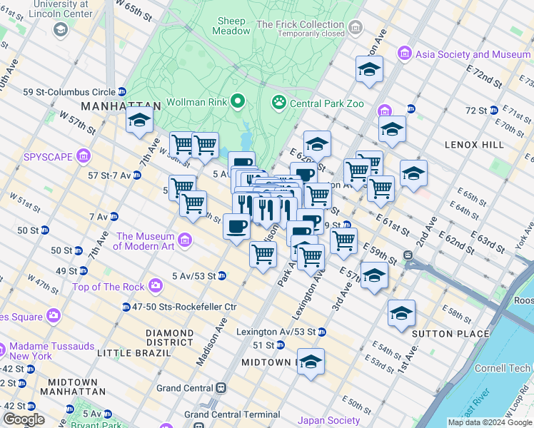 map of restaurants, bars, coffee shops, grocery stores, and more near 592 Madison Avenue in New York