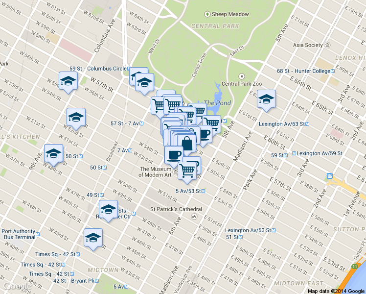 map of restaurants, bars, coffee shops, grocery stores, and more near 48 West 55th Street in New York