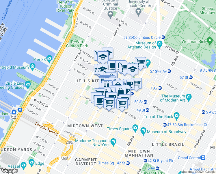 map of restaurants, bars, coffee shops, grocery stores, and more near 355 West 49th Street in New York
