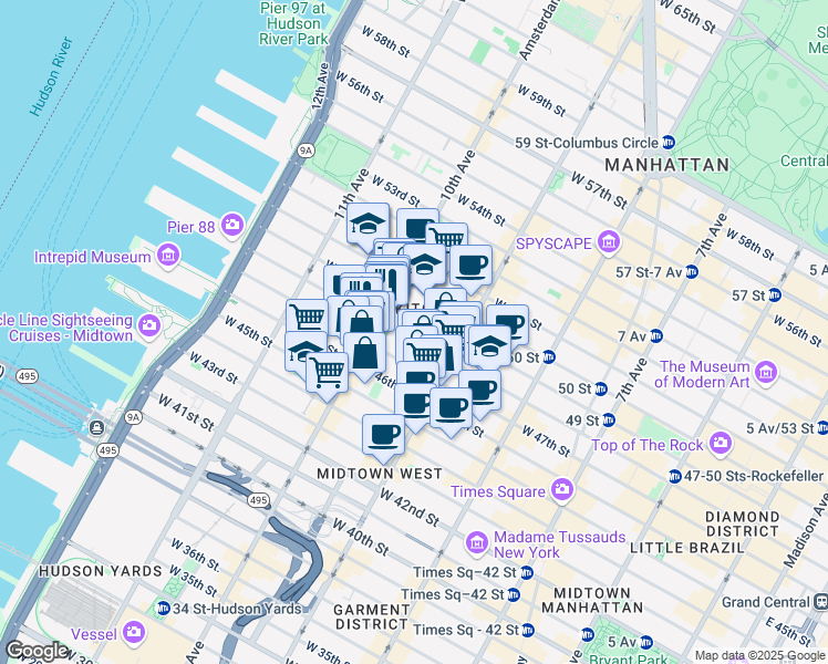 map of restaurants, bars, coffee shops, grocery stores, and more near 447 West 47th Street in New York