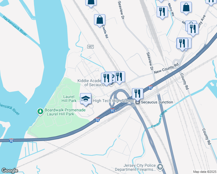 map of restaurants, bars, coffee shops, grocery stores, and more near 1001 Riverside Station Boulevard in Secaucus