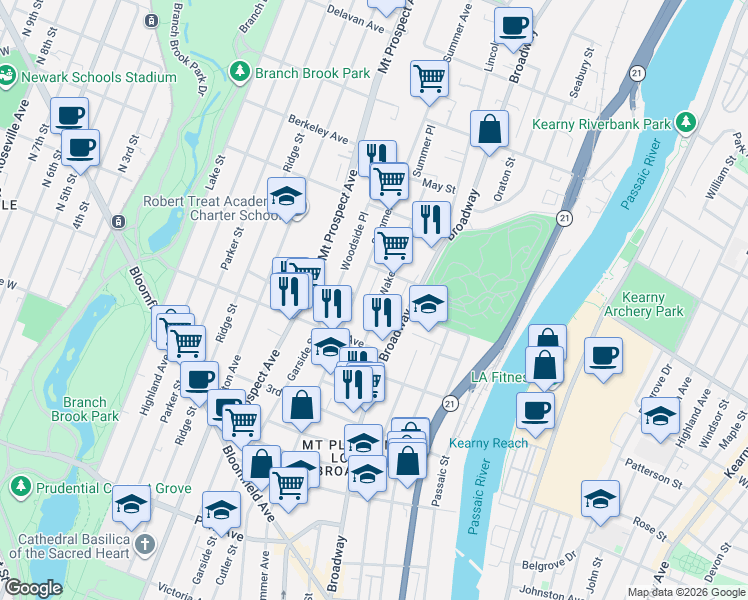 map of restaurants, bars, coffee shops, grocery stores, and more near 20 Wakeman Avenue in Newark