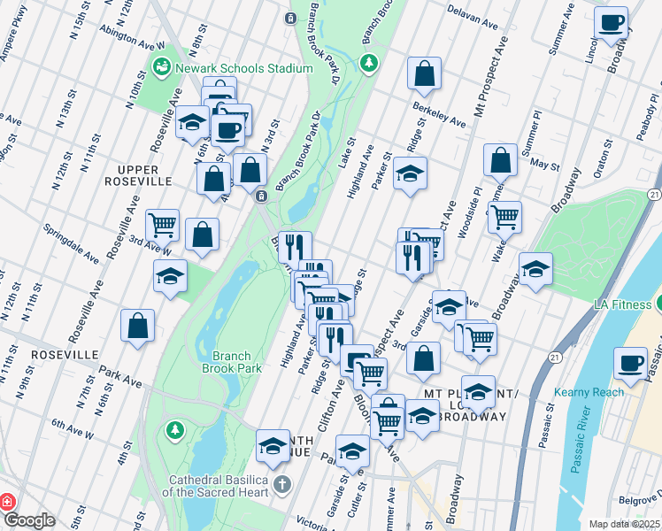 map of restaurants, bars, coffee shops, grocery stores, and more near 266 Parker Street in Newark