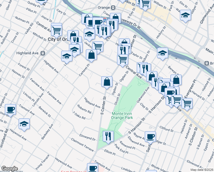 map of restaurants, bars, coffee shops, grocery stores, and more near 343 Ogden Street in City of Orange
