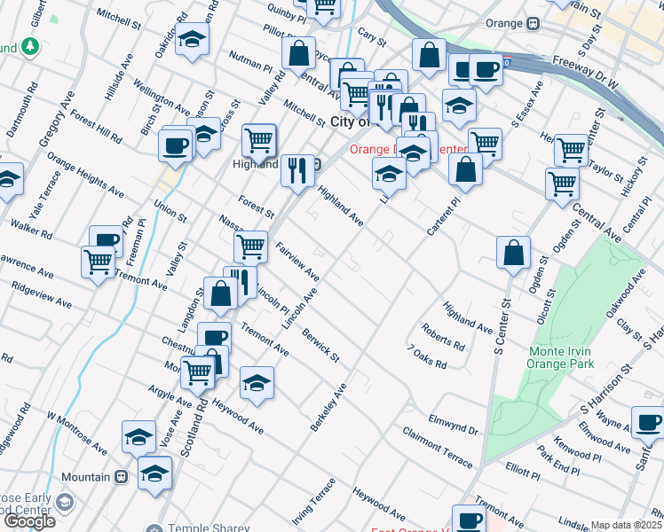 map of restaurants, bars, coffee shops, grocery stores, and more near 411 Fairview Avenue in City of Orange