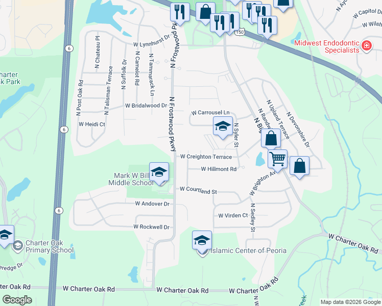 map of restaurants, bars, coffee shops, grocery stores, and more near 4128 West Creighton Terrace in Peoria