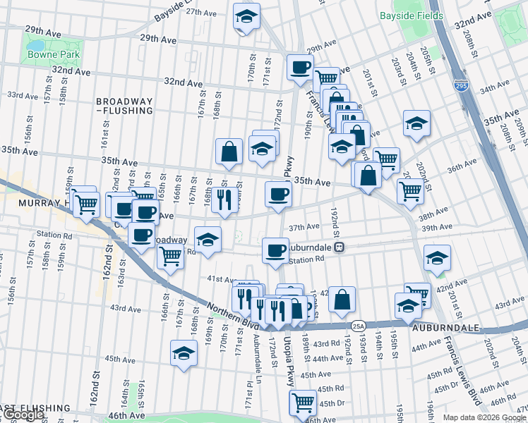 map of restaurants, bars, coffee shops, grocery stores, and more near 171-19 Crocheron Avenue in Queens