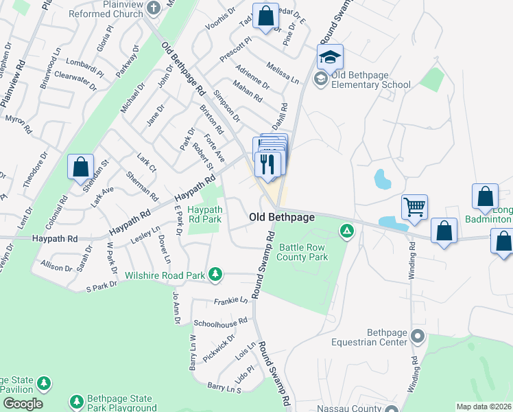 map of restaurants, bars, coffee shops, grocery stores, and more near 14 Vanderbilt Lane in Old Bethpage