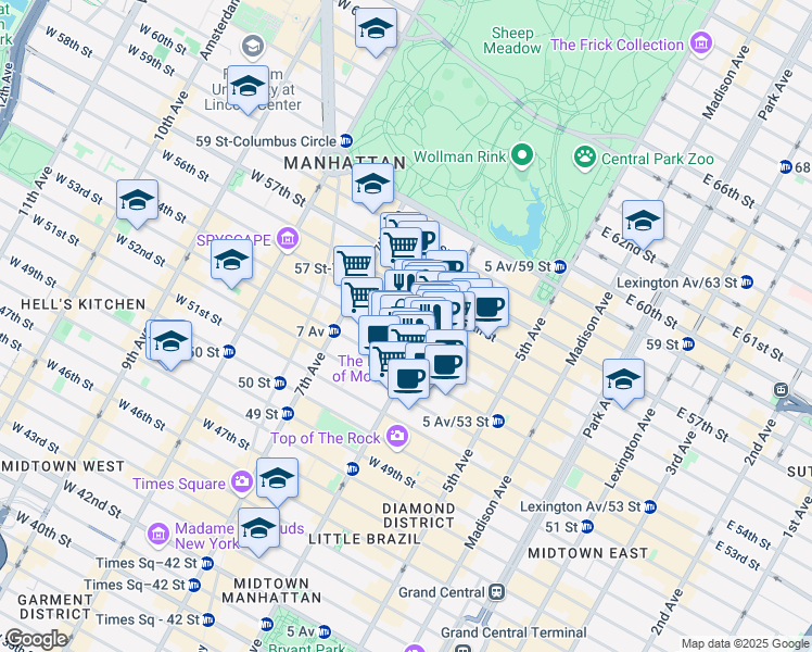 map of restaurants, bars, coffee shops, grocery stores, and more near 1345 6th Avenue in New York