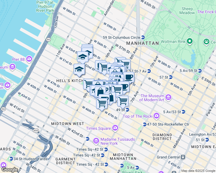 map of restaurants, bars, coffee shops, grocery stores, and more near 314 West 51st Street in New York