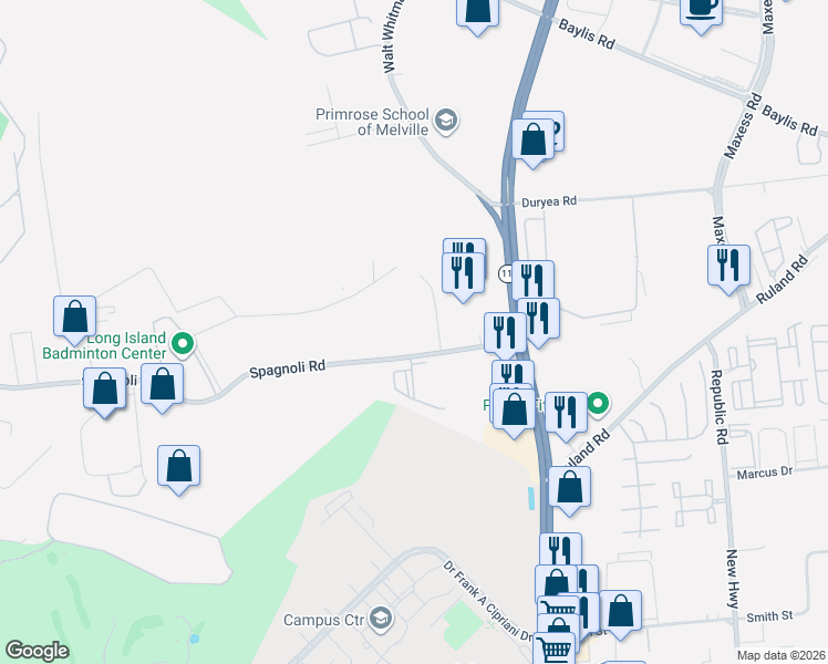 map of restaurants, bars, coffee shops, grocery stores, and more near 136 Spagnoli Road in Melville