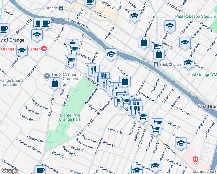 map of restaurants, bars, coffee shops, grocery stores, and more near 641 Central Avenue in East Orange