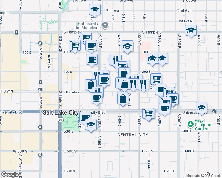 map of restaurants, bars, coffee shops, grocery stores, and more near 347 East 300 South in Salt Lake City