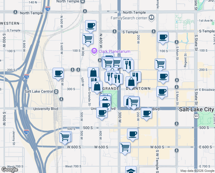 map of restaurants, bars, coffee shops, grocery stores, and more near 360 West Broadway in Salt Lake City