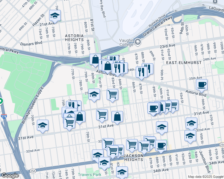 map of restaurants, bars, coffee shops, grocery stores, and more near 25th Avenue in Queens