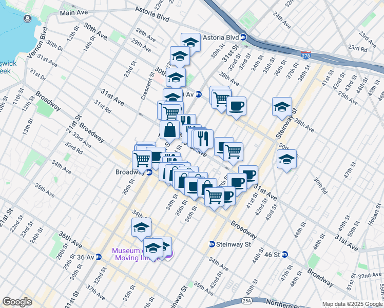 map of restaurants, bars, coffee shops, grocery stores, and more near 31-11 33rd Street in Queens