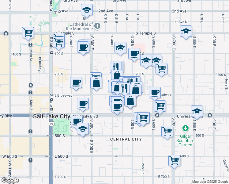 map of restaurants, bars, coffee shops, grocery stores, and more near 275 South 400 East in Salt Lake City