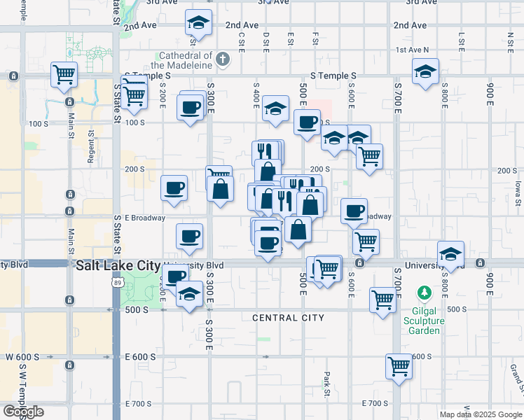 map of restaurants, bars, coffee shops, grocery stores, and more near 275 400 East in Salt Lake City