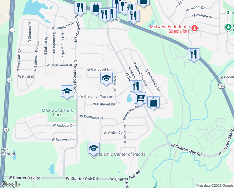 map of restaurants, bars, coffee shops, grocery stores, and more near 3947 West Creighton Terrace in Peoria