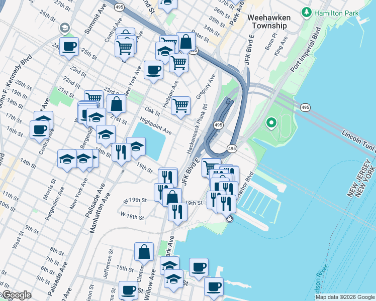 map of restaurants, bars, coffee shops, grocery stores, and more near 65 Hackensack Avenue in Weehawken