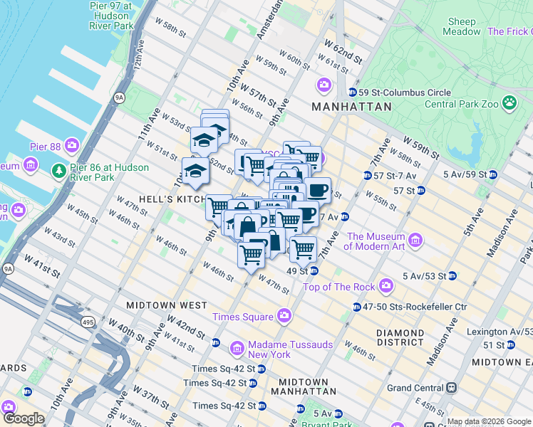 map of restaurants, bars, coffee shops, grocery stores, and more near 314 West 51st Street in New York
