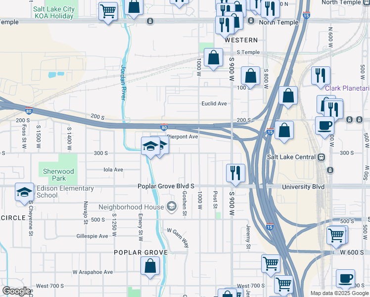 map of restaurants, bars, coffee shops, grocery stores, and more near 1038 West 300 South in Salt Lake City