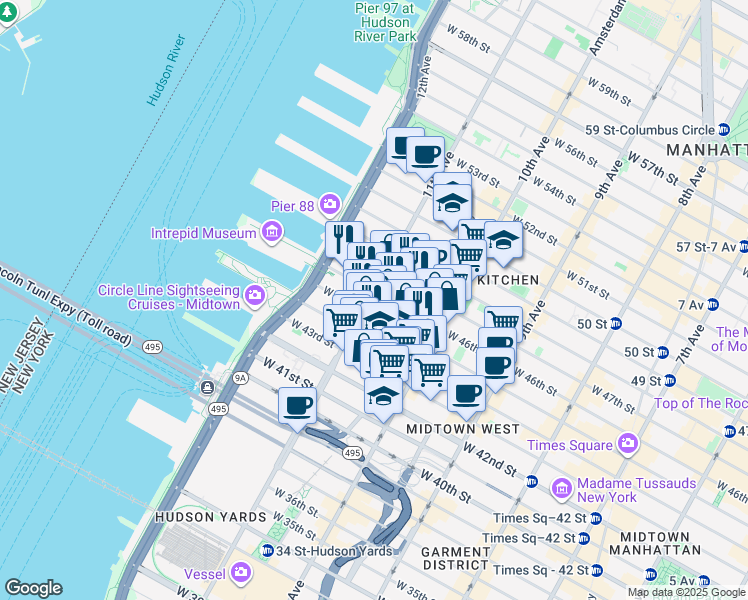 map of restaurants, bars, coffee shops, grocery stores, and more near 667 West 44th Street in New York