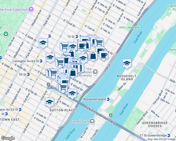 map of restaurants, bars, coffee shops, grocery stores, and more near 444 East 66th Street in New York