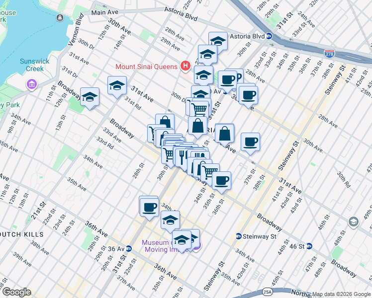 map of restaurants, bars, coffee shops, grocery stores, and more near 31-54 31st Street in Queens