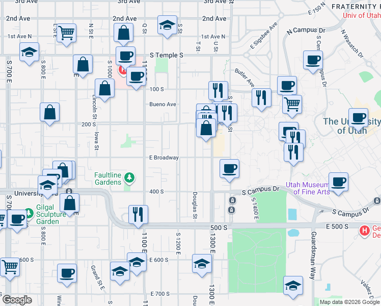 map of restaurants, bars, coffee shops, grocery stores, and more near 1227 East 300 South in Salt Lake City