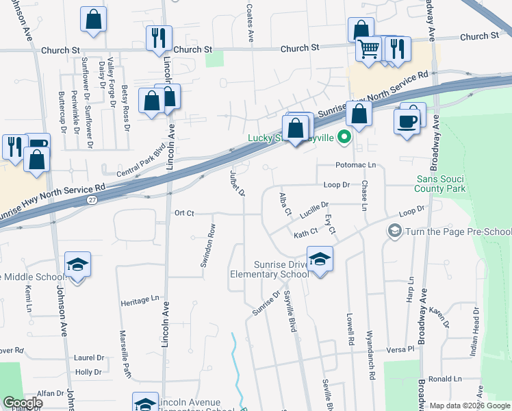 map of restaurants, bars, coffee shops, grocery stores, and more near 98 Loop Drive in Sayville