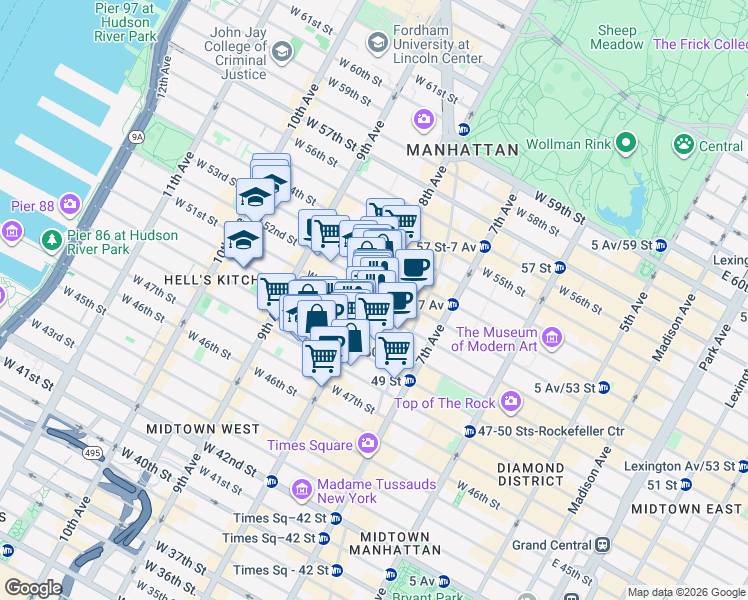 map of restaurants, bars, coffee shops, grocery stores, and more near 305 West 50th Street in New York