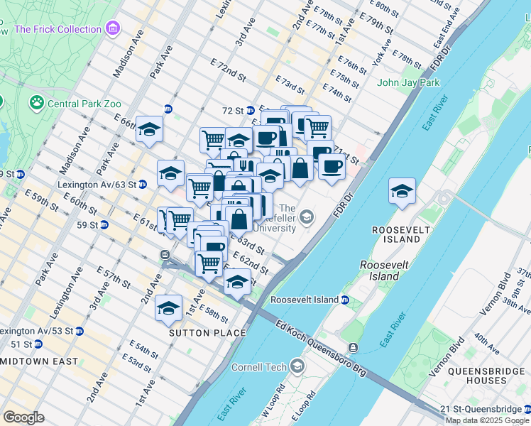 map of restaurants, bars, coffee shops, grocery stores, and more near 415 East 65th Street in New York