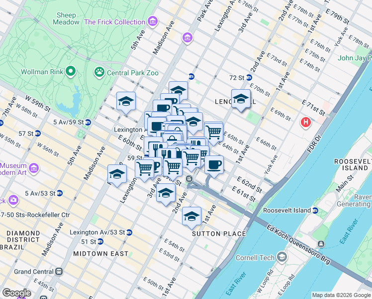 map of restaurants, bars, coffee shops, grocery stores, and more near East 62nd Street in New York