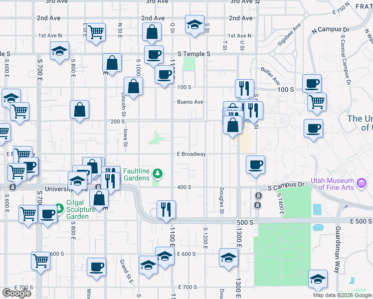 map of restaurants, bars, coffee shops, grocery stores, and more near 1144 East 300 South in Salt Lake City