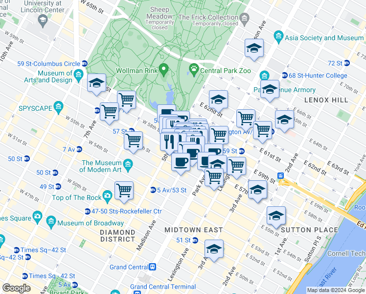map of restaurants, bars, coffee shops, grocery stores, and more near 592 Madison Avenue in New York
