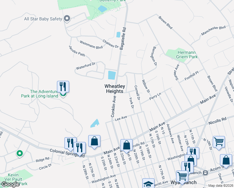 map of restaurants, bars, coffee shops, grocery stores, and more near 4 Valley Forge Drive in Wheatley Heights