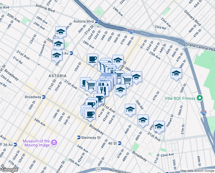 map of restaurants, bars, coffee shops, grocery stores, and more near 30-49 Steinway Street in Queens