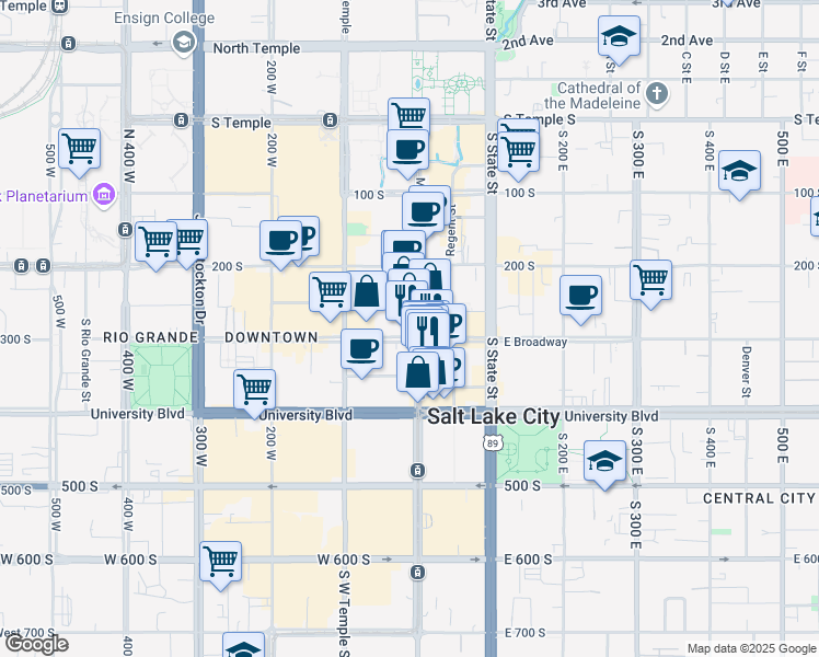 map of restaurants, bars, coffee shops, grocery stores, and more near 315 South Main Street in Salt Lake City