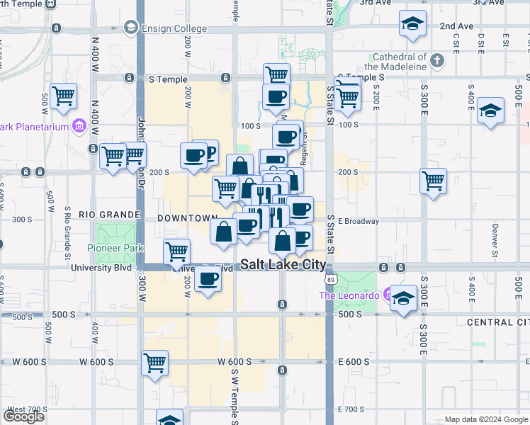 map of restaurants, bars, coffee shops, grocery stores, and more near 44 West 300 South in Salt Lake City