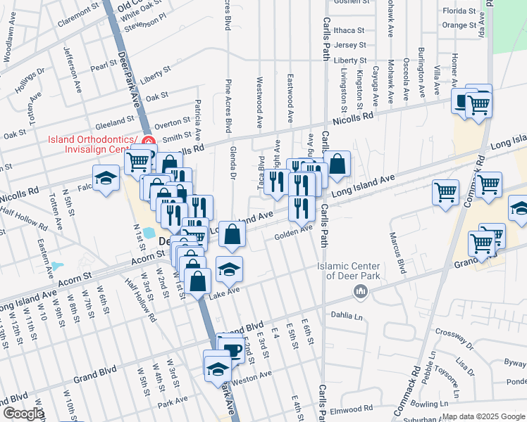 map of restaurants, bars, coffee shops, grocery stores, and more near 819 Long Island Avenue in Deer Park