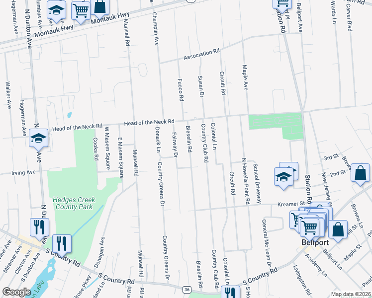 map of restaurants, bars, coffee shops, grocery stores, and more near 19 Fairway Drive in Bellport