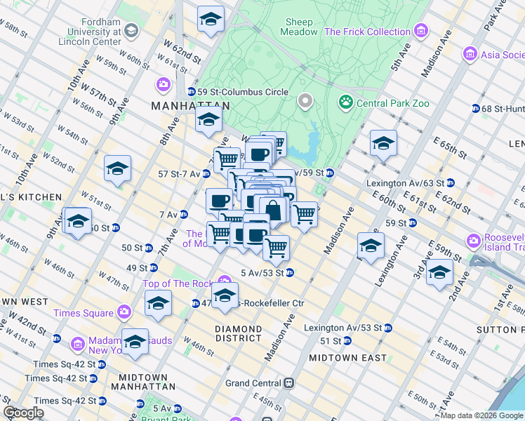 map of restaurants, bars, coffee shops, grocery stores, and more near 48 West 55th Street in New York