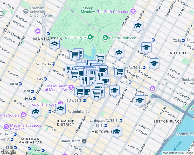 map of restaurants, bars, coffee shops, grocery stores, and more near 65 East 55th Street in New York
