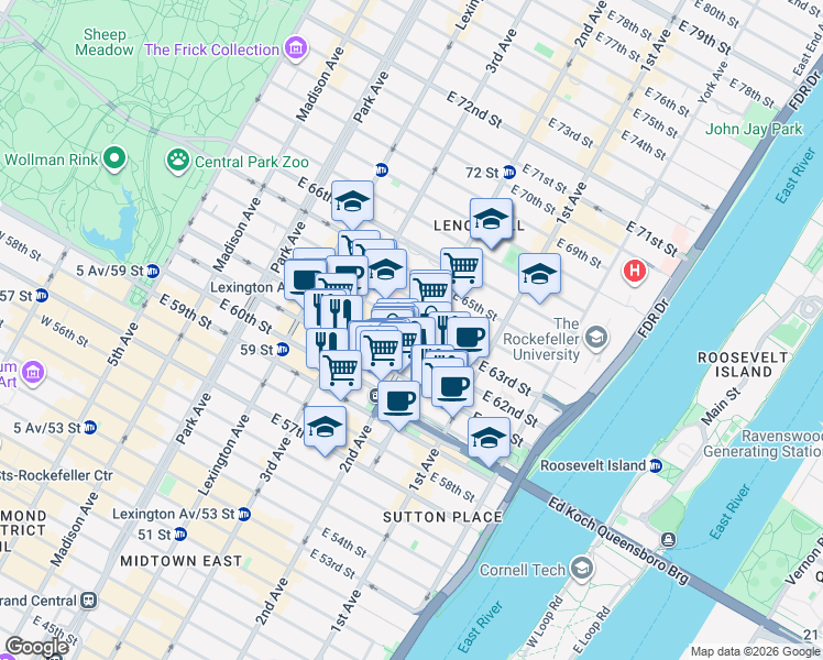 map of restaurants, bars, coffee shops, grocery stores, and more near 248 East 62nd Street in New York