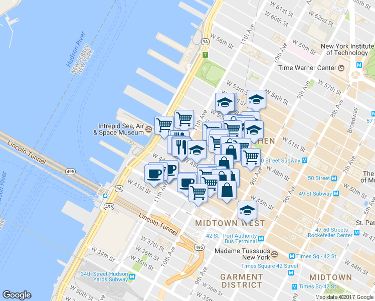 map of restaurants, bars, coffee shops, grocery stores, and more near 626 11th Avenue in New York