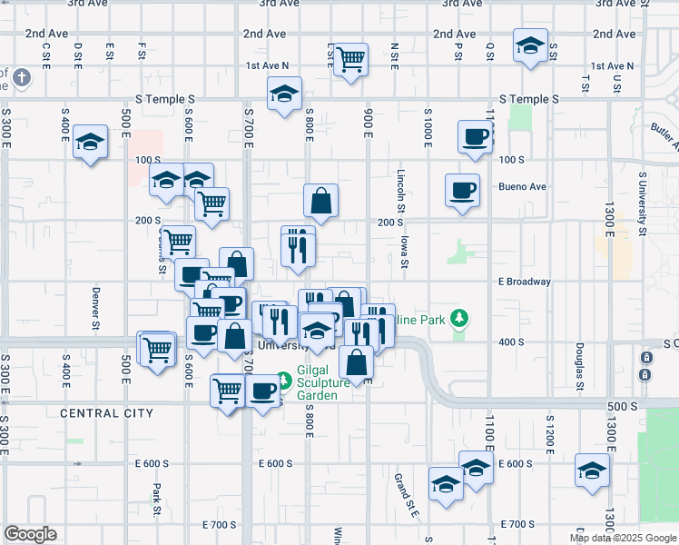 map of restaurants, bars, coffee shops, grocery stores, and more near 834 East 300 South in Salt Lake City