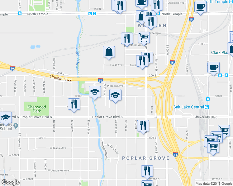 map of restaurants, bars, coffee shops, grocery stores, and more near 1038 West 300 South in Salt Lake City