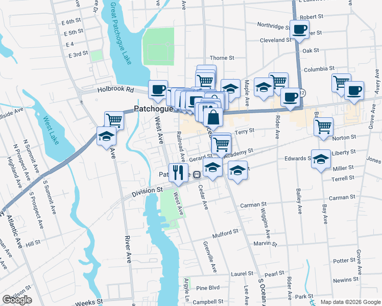 map of restaurants, bars, coffee shops, grocery stores, and more near in Patchogue