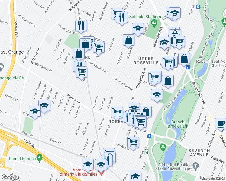 map of restaurants, bars, coffee shops, grocery stores, and more near 226 North 11th Street in Newark